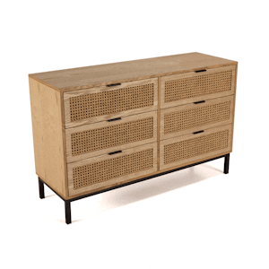 Commode 6 tiroirs bois clair et rotin pieds métal PALMA